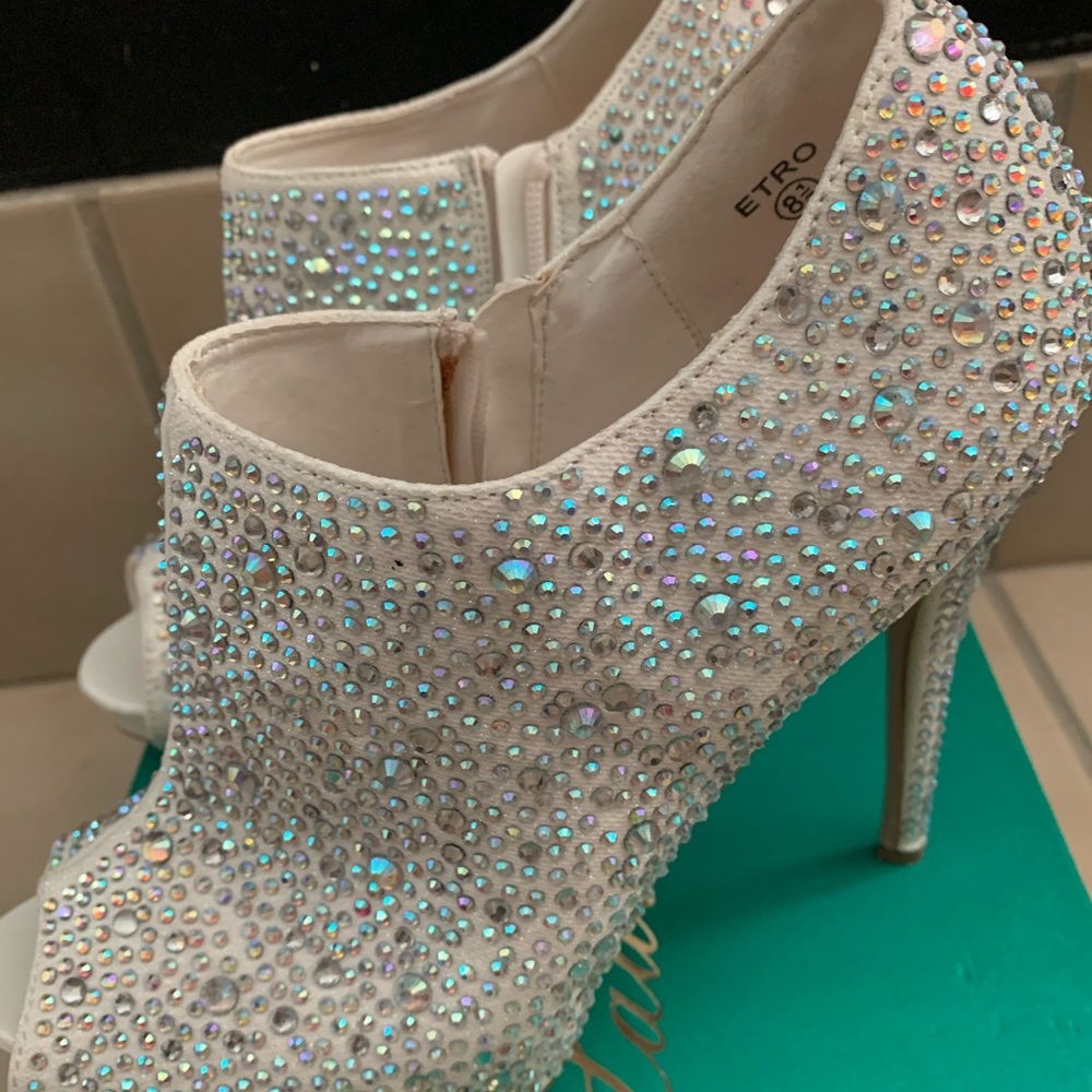 Jeweled open toe, bootie style heels